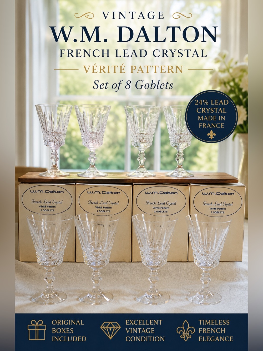 W.M. Dalton French Lead Crystal Goblets Set of 8| Vérité Pattern original boxes